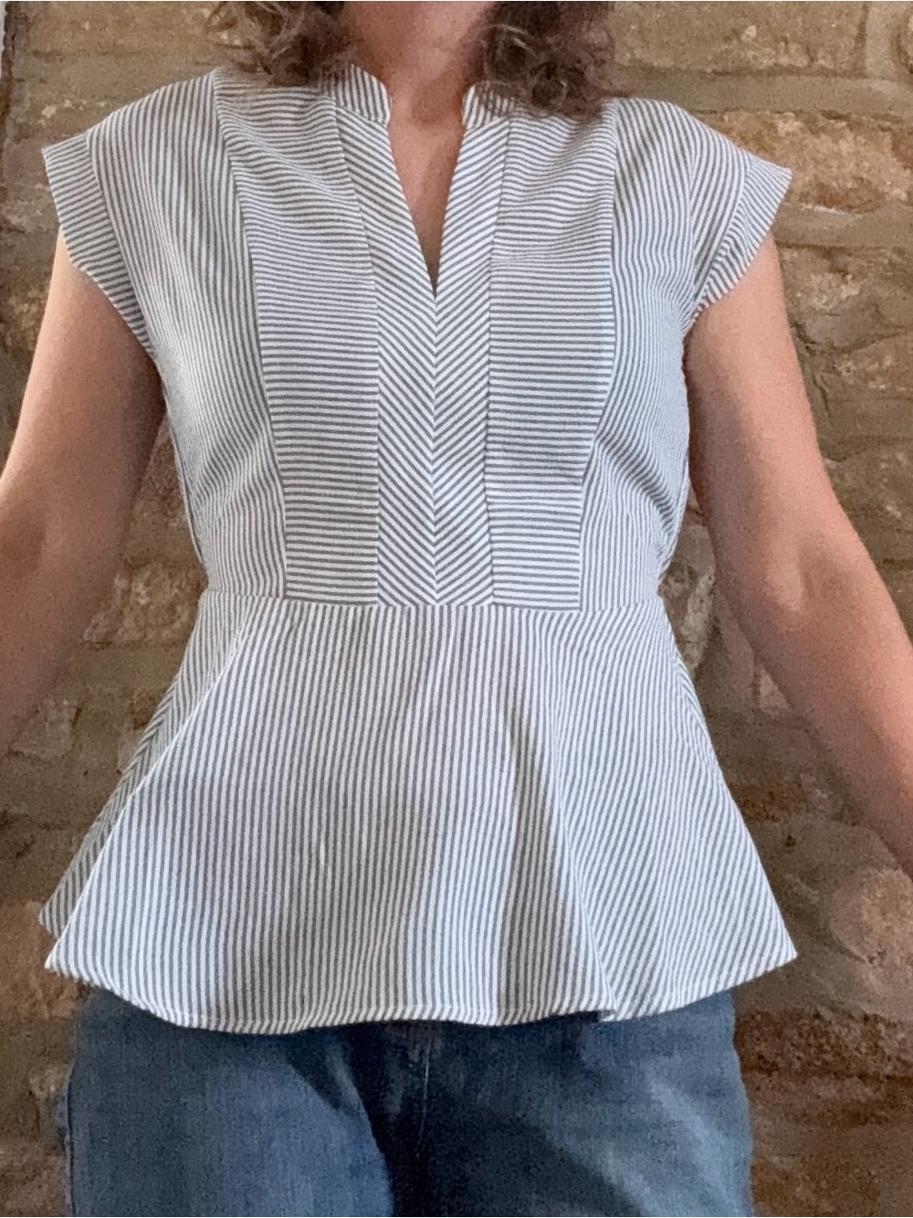 Monteau White & Navy Striped Peplum V-Neck Top